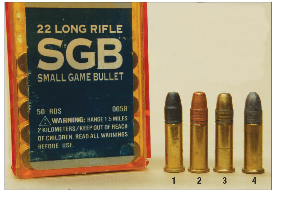 CCI’s (1) flat-tipped solid Small Game Bullet isn’t much flatter than (2) Winchester or (3) Remington hollowpoints, but noticeably different than a (4) standard 22 LR round.